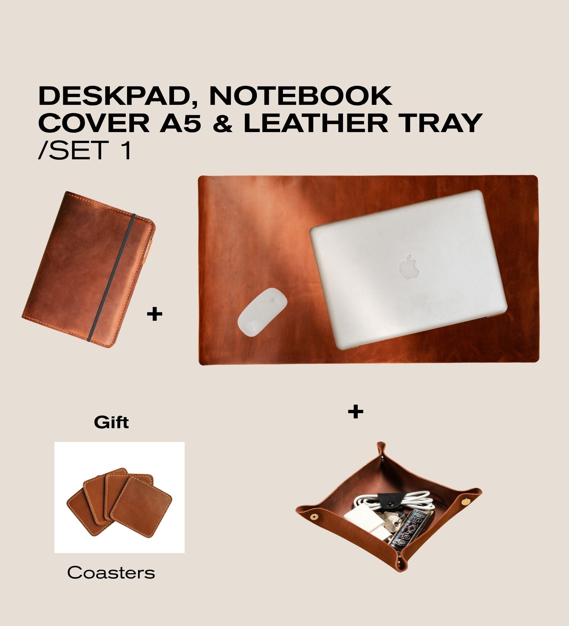 Complete Leather Work Desk Set – Desk Pad, Notebook Wrap, Coasters & Accessories
