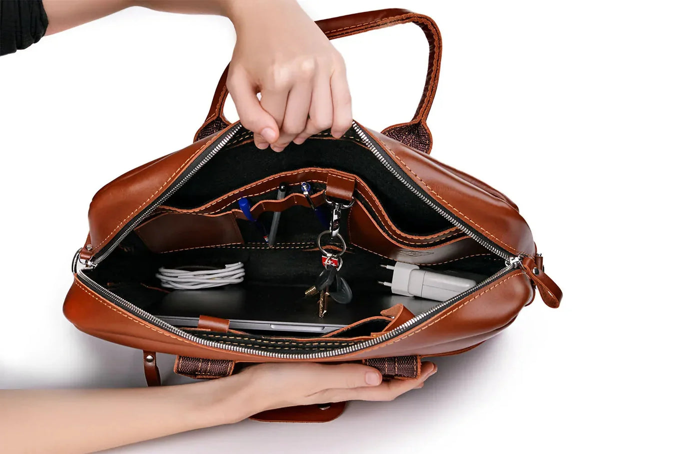 Men's Zippered Leather Briefcase – Work & Everyday Laptop Bag