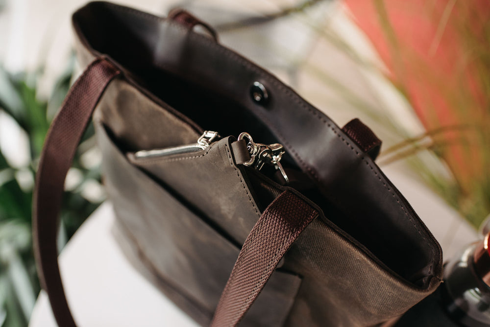 Women's Waxed Canvas Tote Bag with Leather Straps for Daily Use
