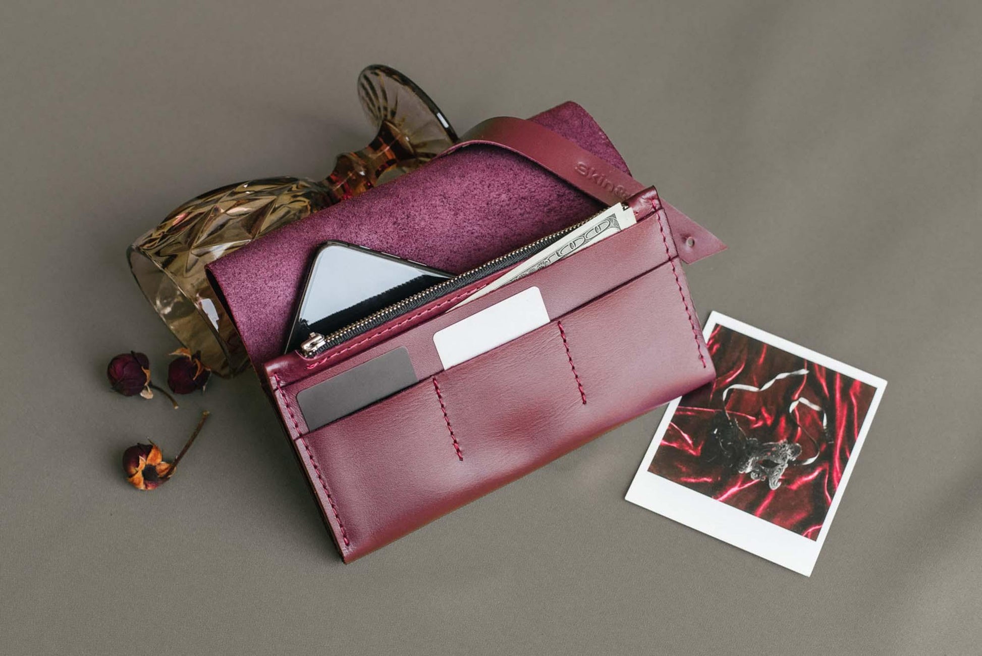 Smooth Leather Wallet for Women | Wrap Closure + Zip Pocket