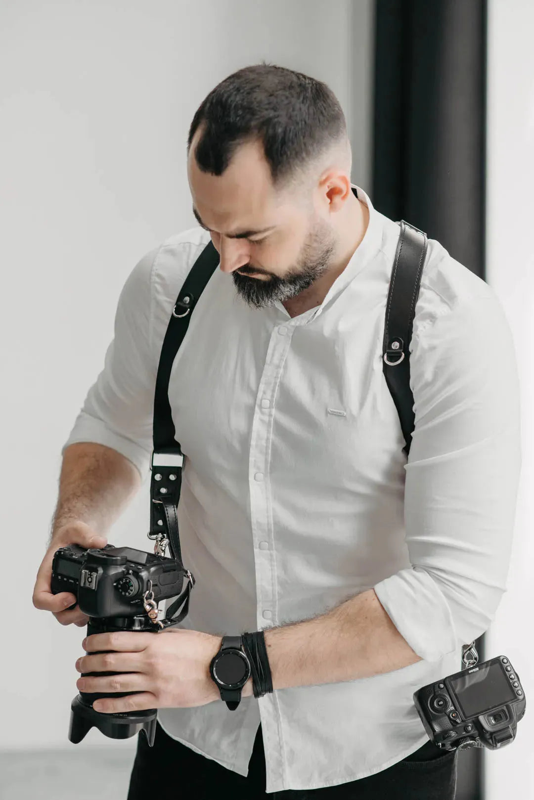Leather Double Camera Harness - Matted | Black - Wenderfarer