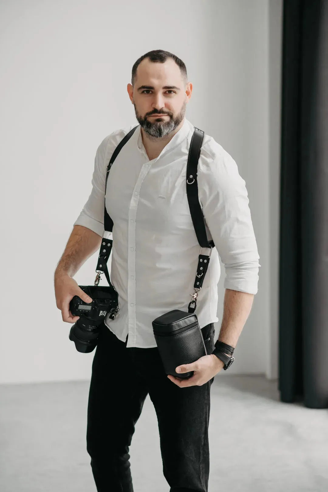 Leather Double Camera Harness - Matted | Black - Wenderfarer