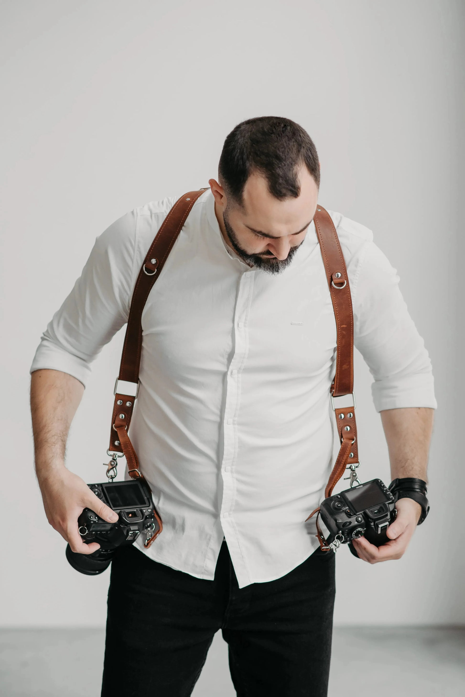 Dual Camera Harness – Matte Leather with Custom Logo Option