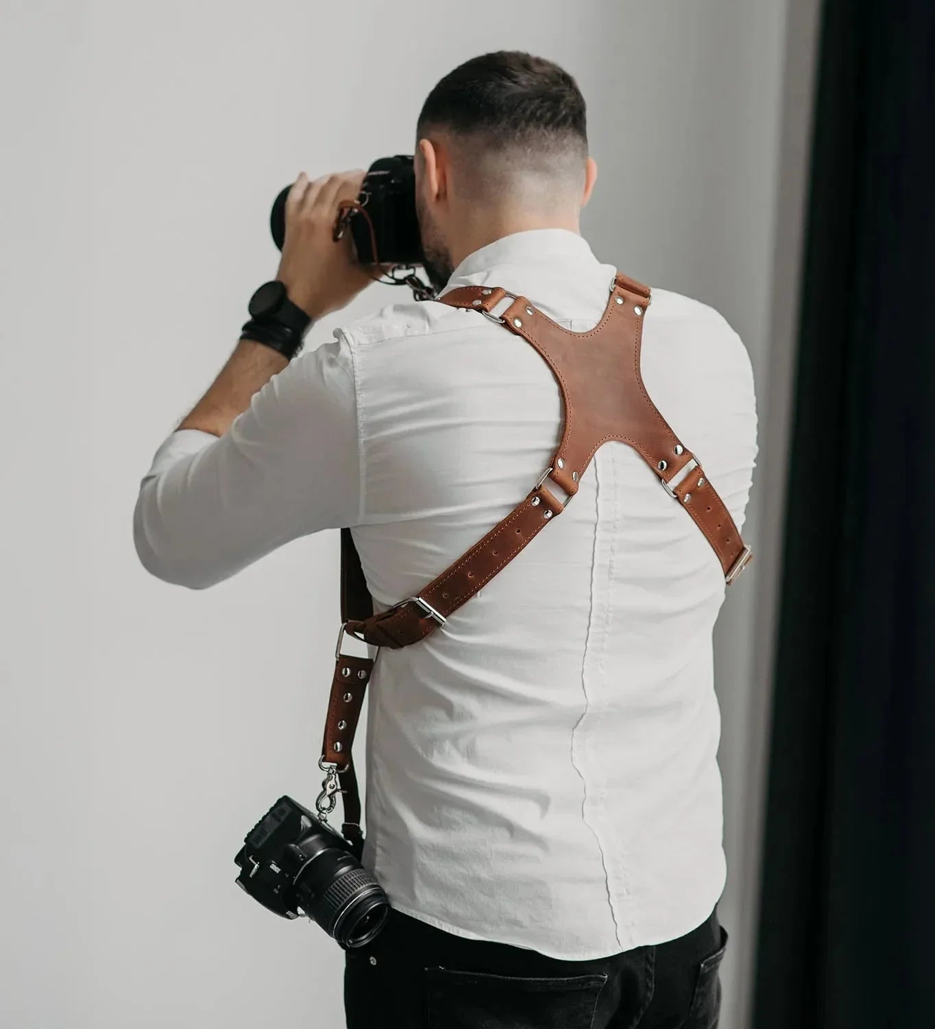 Dual Camera Harness – Matte Leather with Custom Logo Option
