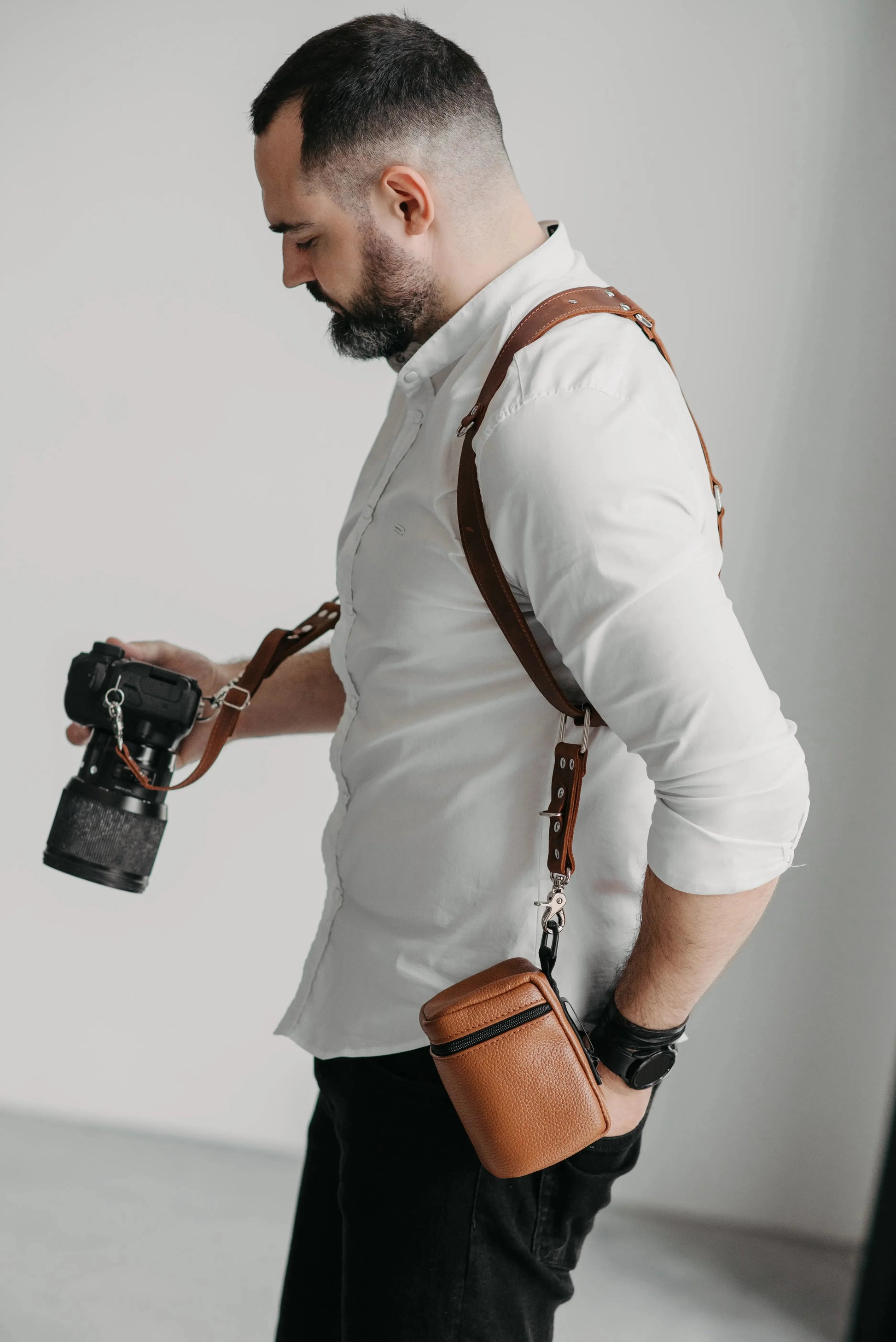 Dual Camera Harness – Matte Leather with Custom Logo Option