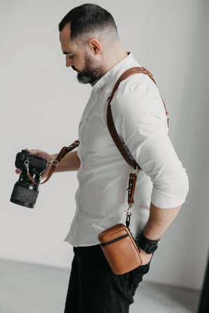 Dual Camera Harness – Matte Leather with Custom Logo Option