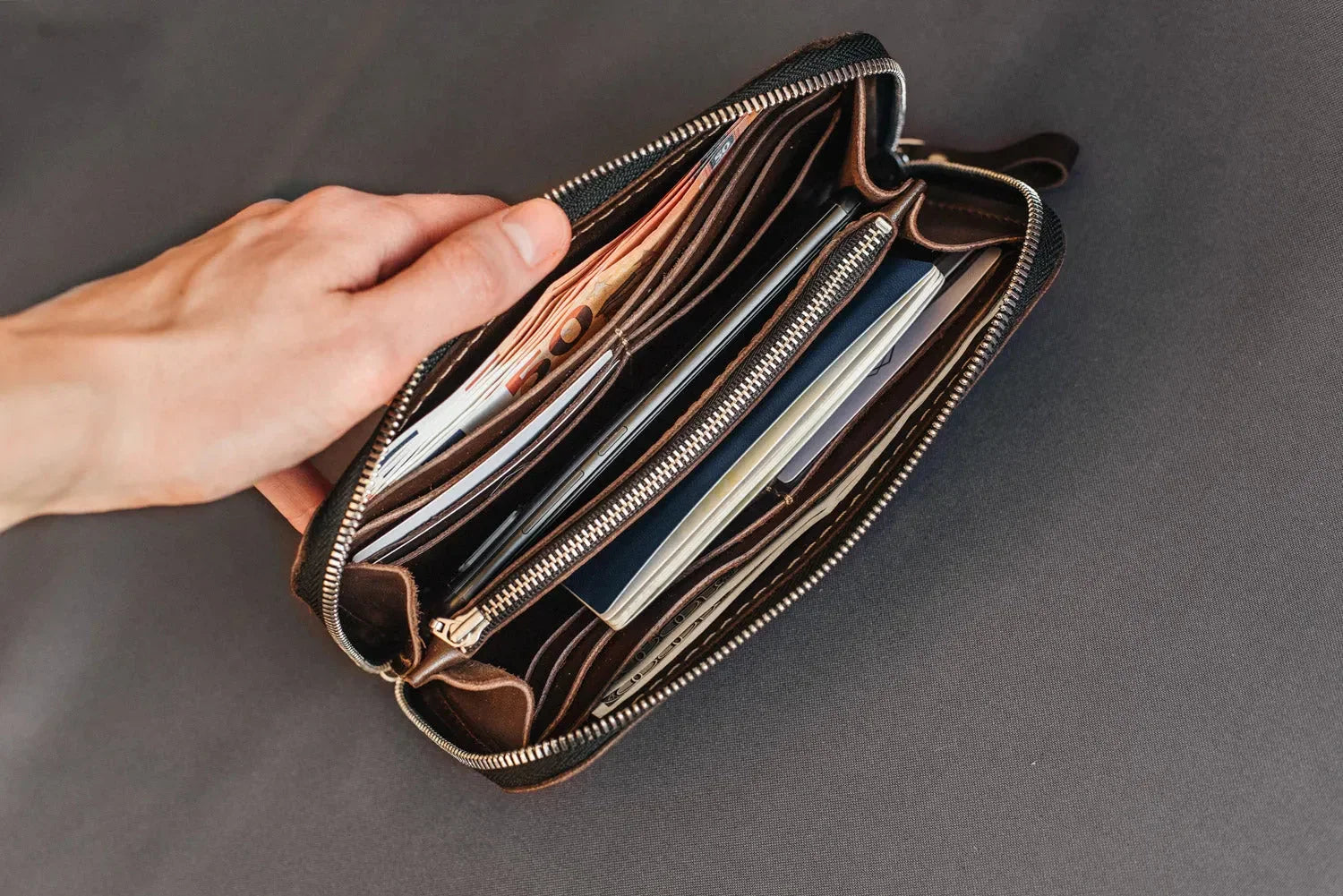 Leather Clutch Wallet – Zip Closure & Wrist Strap