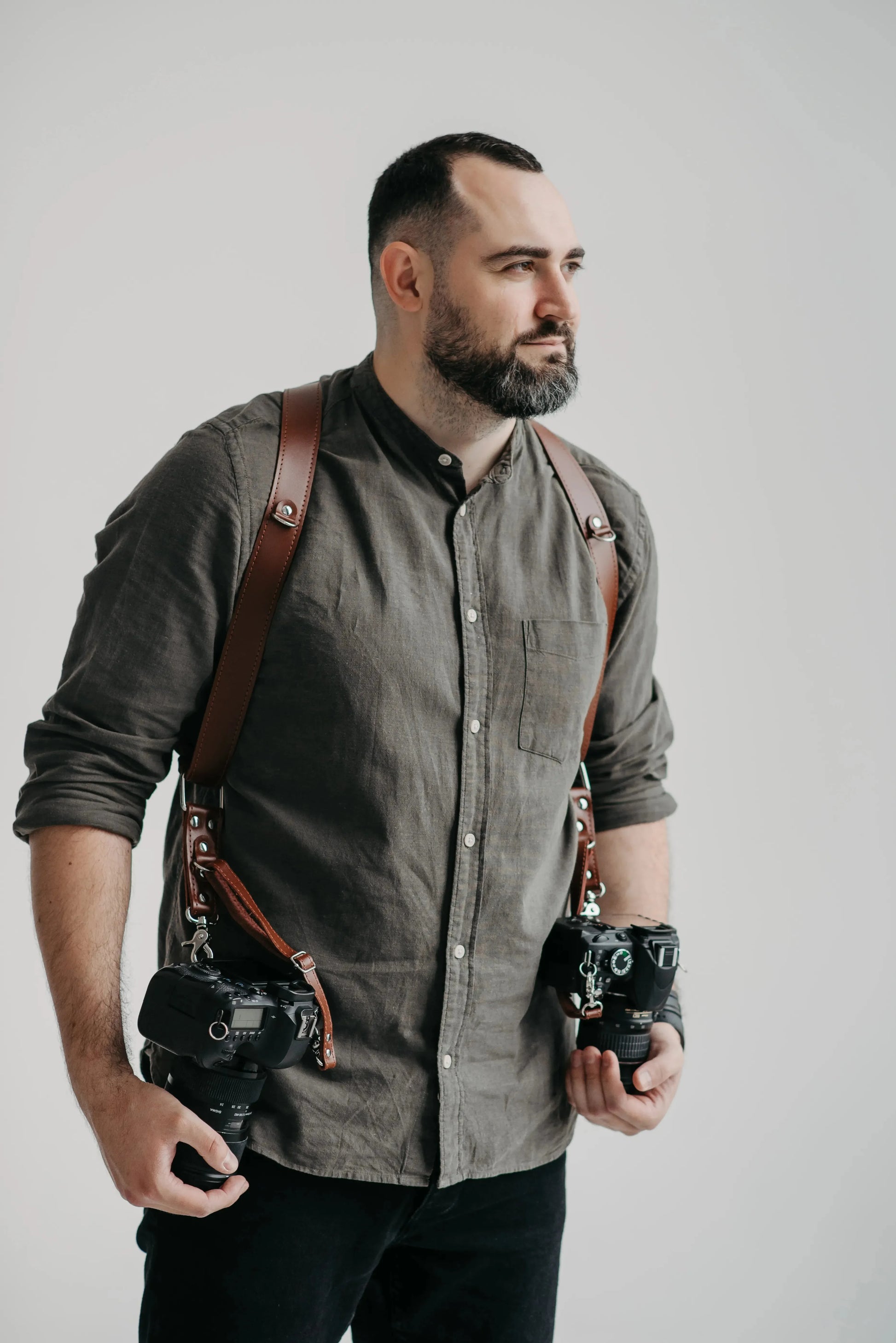 Smooth Leather Dual Camera Harness – Adjustable & Secure Fit