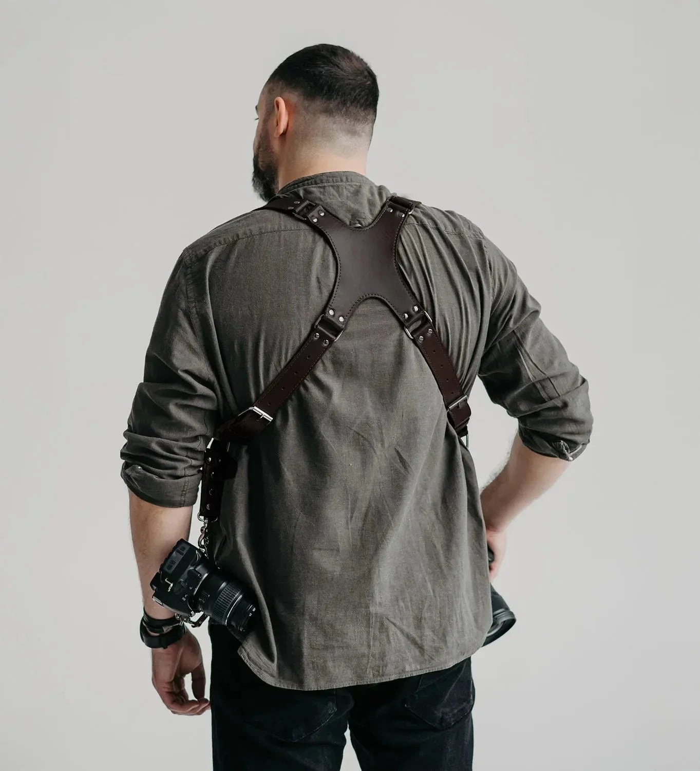 Smooth Leather Dual Camera Harness – Adjustable & Secure Fit