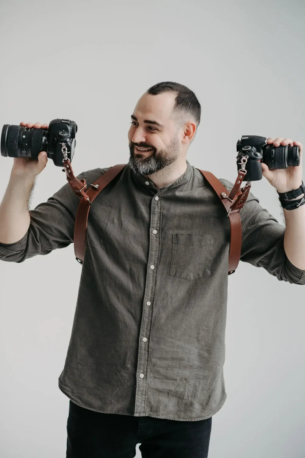 Smooth Leather Dual Camera Harness – Adjustable & Secure Fit