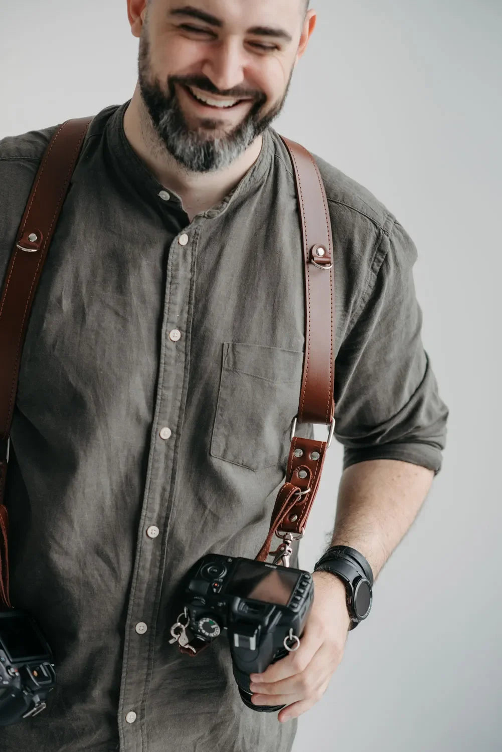 Smooth Leather Dual Camera Harness – Adjustable & Secure Fit