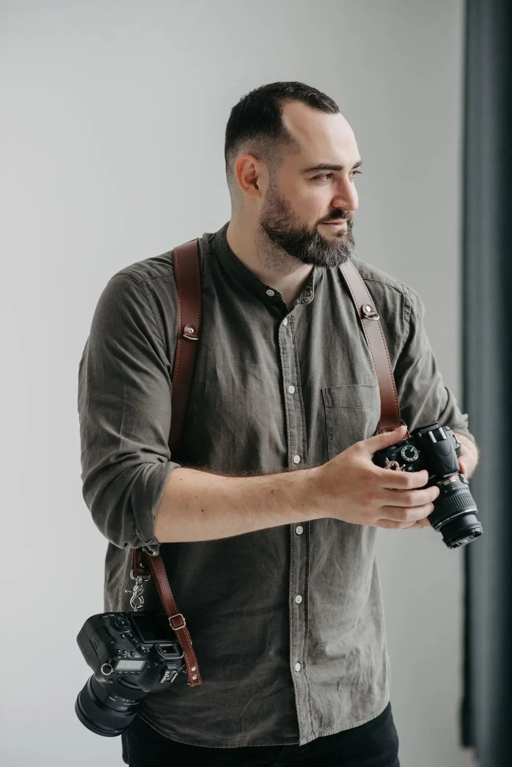 Smooth Leather Dual Camera Harness – Adjustable & Secure Fit