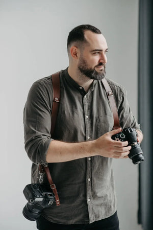 Smooth Leather Dual Camera Harness – Adjustable & Secure Fit