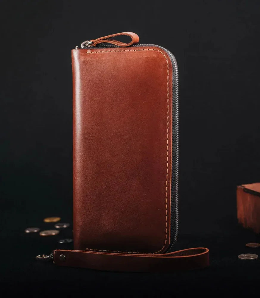 Leather Clutch Wallet – Zip Closure & Wrist Strap