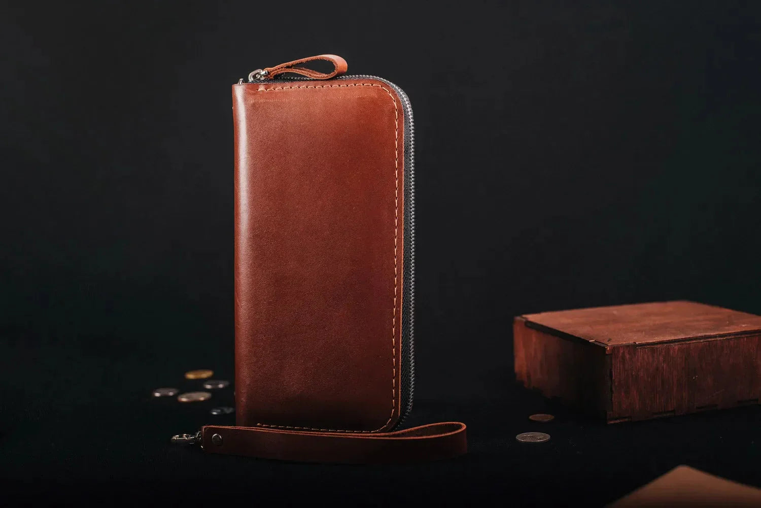Leather Clutch Wallet – Zip Closure & Wrist Strap