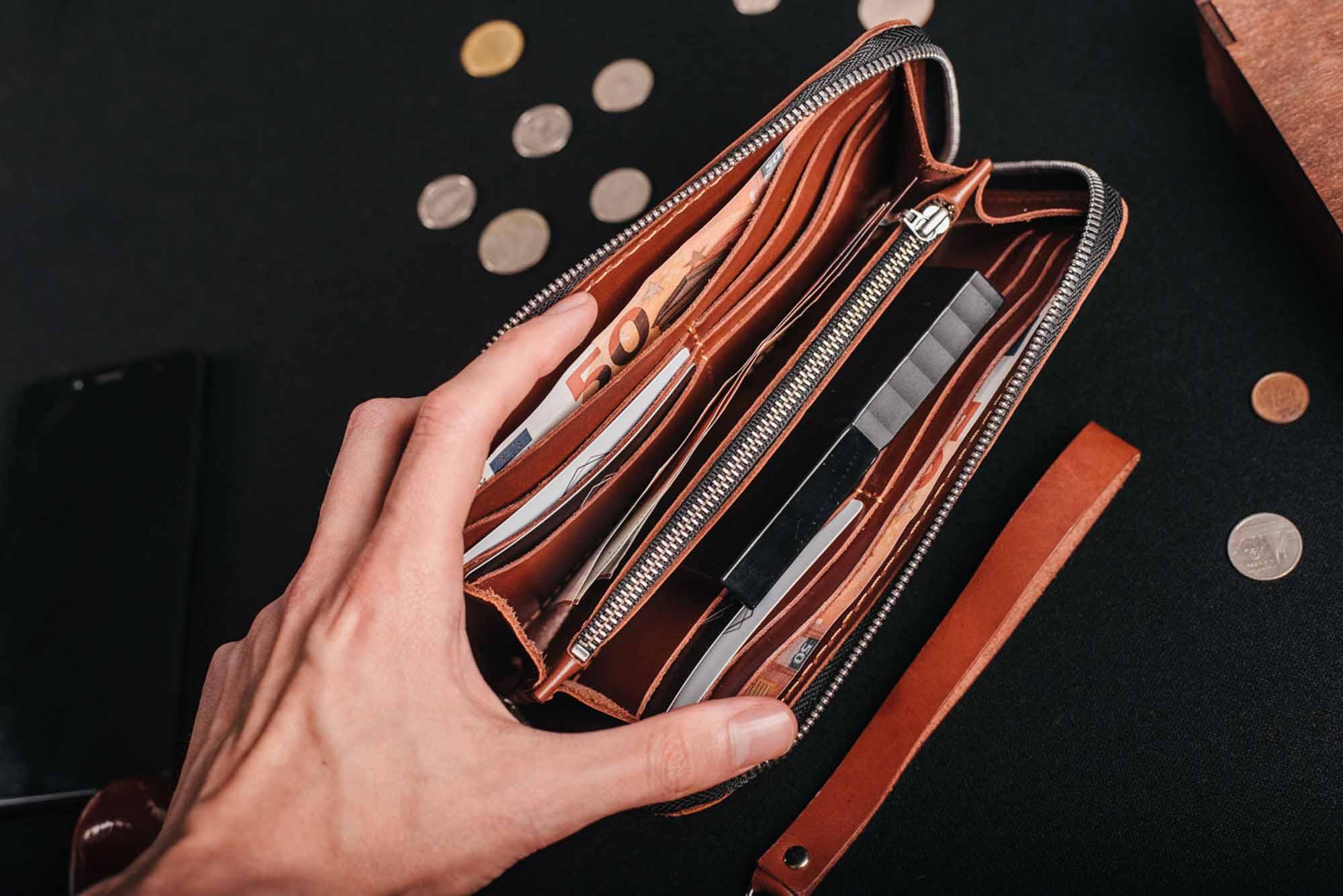 Leather Clutch Wallet – Zip Closure & Wrist Strap