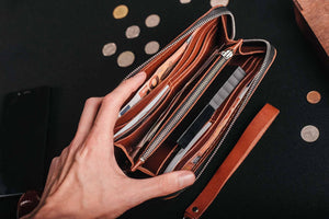 Leather Clutch Wallet – Zip Closure & Wrist Strap