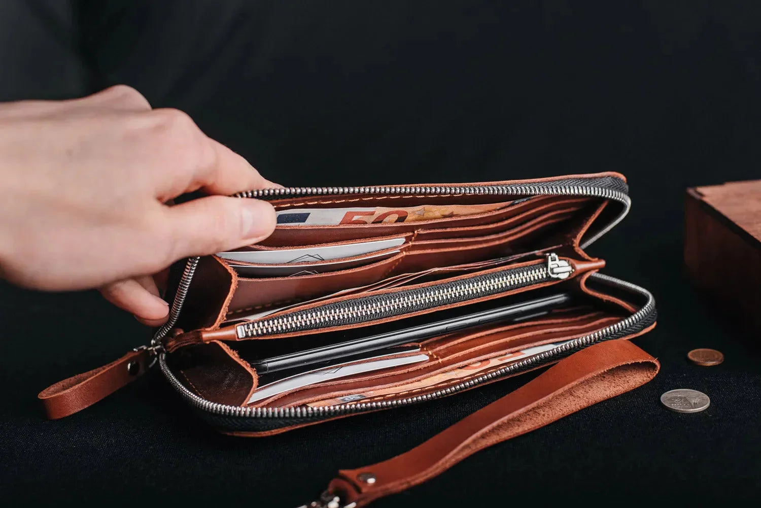 Leather Clutch Wallet – Zip Closure & Wrist Strap