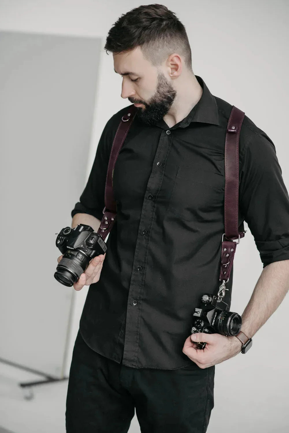 Dual Camera Harness – Matte Leather with Custom Logo Option