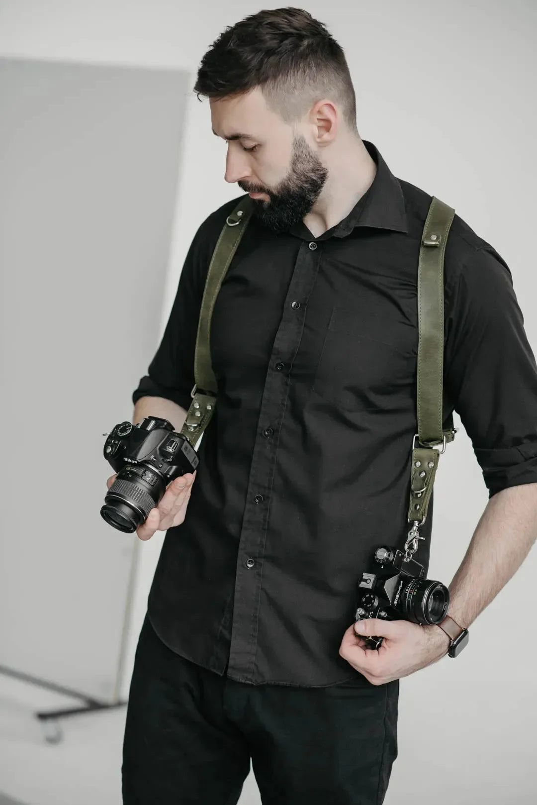 Dual Camera Harness – Matte Leather with Custom Logo Option