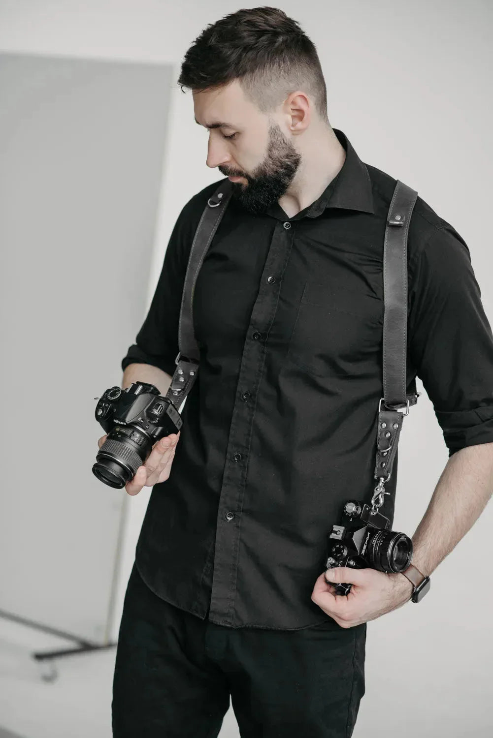 Dual Camera Harness – Matte Leather with Custom Logo Option