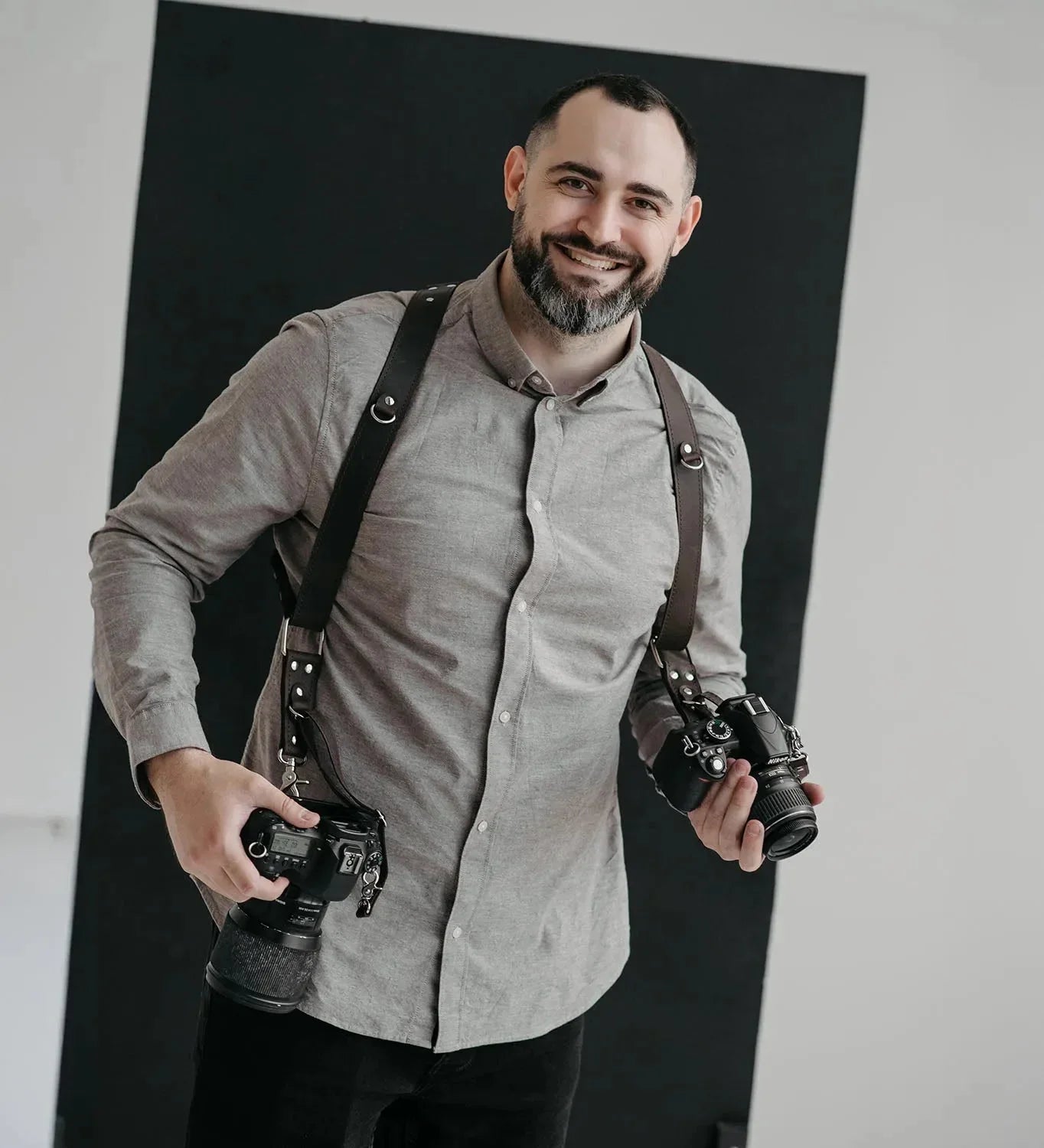 Dual Camera Harness – Matte Leather with Custom Logo Option