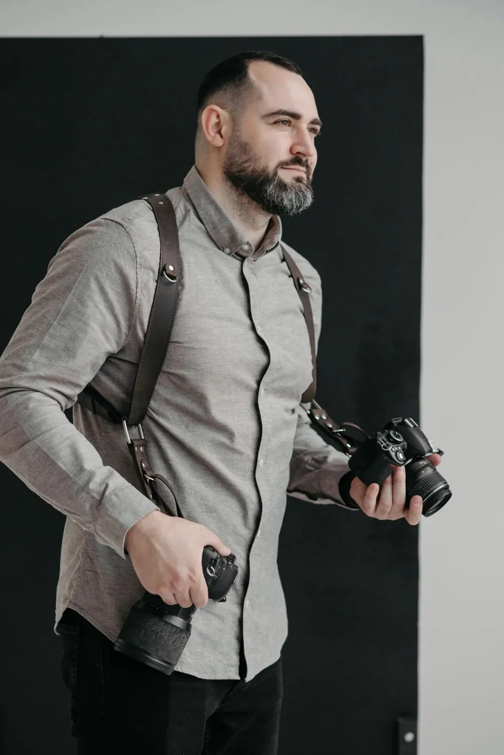 Dual Camera Harness – Matte Leather with Custom Logo Option