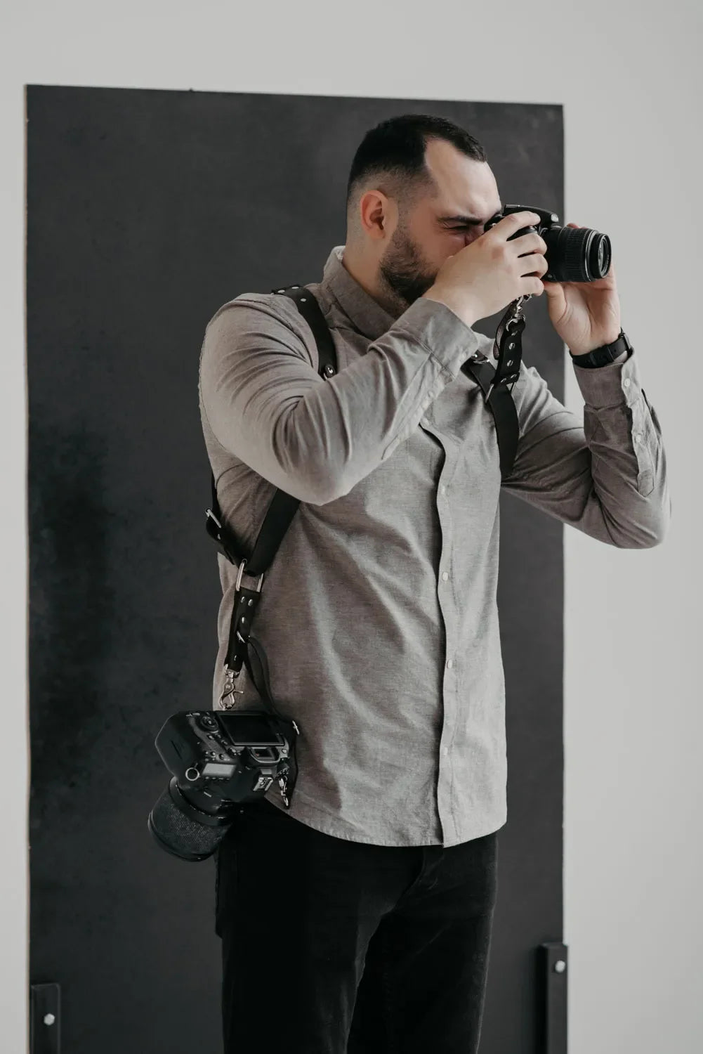 Dual Camera Harness – Matte Leather with Custom Logo Option