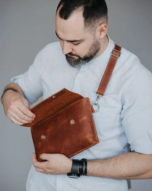 Matte Waxed Leather Unisex Crossbody Bag - Convertible to Waist bag, Clutch
