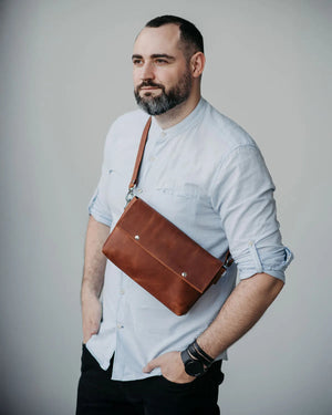Matte Waxed Leather Unisex Crossbody Bag - Convertible to Waist bag, Clutch