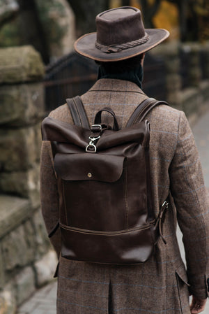 Smooth Leather Backpack with Roll Top – Durable Work & Travel Bag