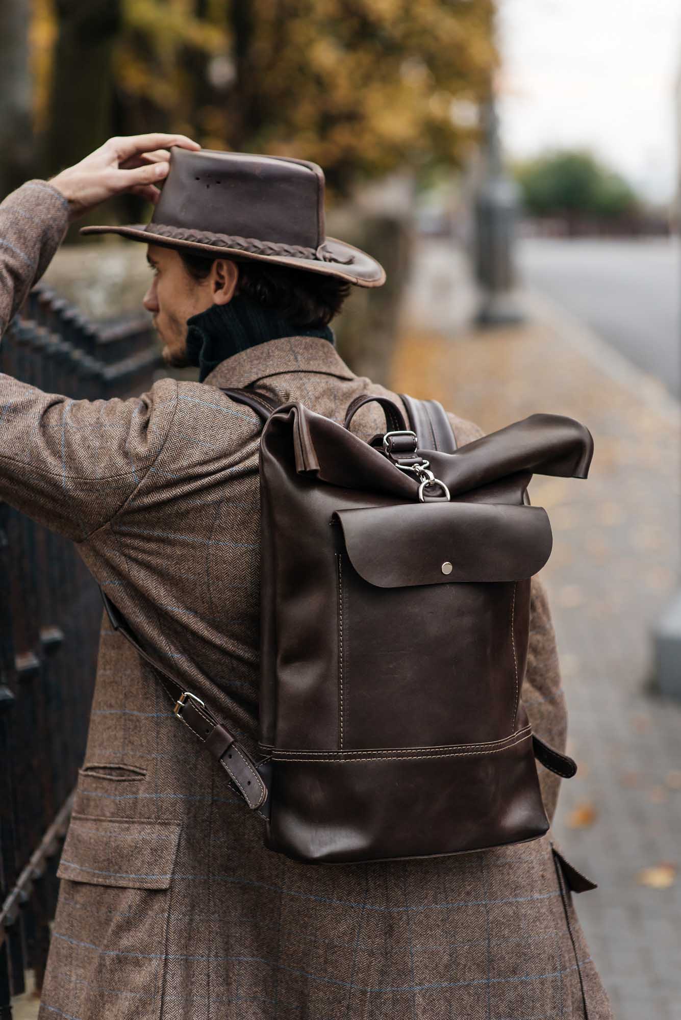 Smooth Leather Backpack with Roll Top – Durable Work & Travel Bag