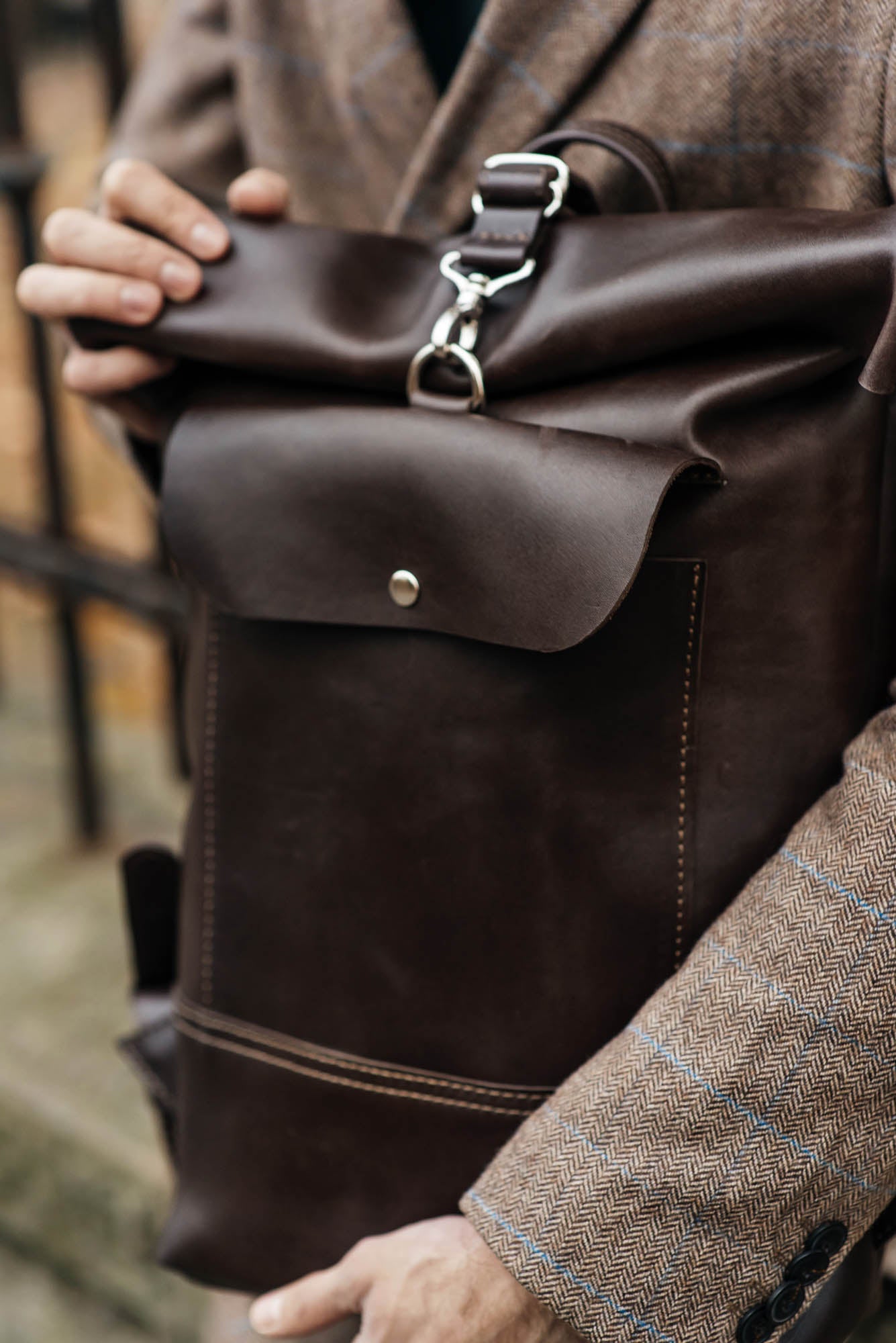 Smooth Leather Backpack with Roll Top – Durable Work & Travel Bag