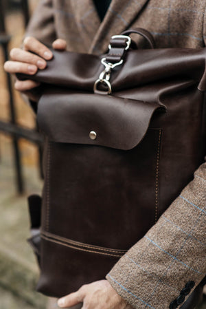 Smooth Leather Backpack with Roll Top – Durable Work & Travel Bag