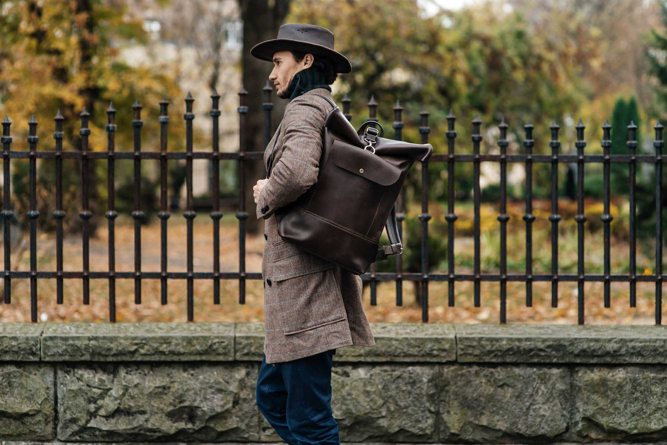 Smooth Leather Backpack with Roll Top – Durable Work & Travel Bag