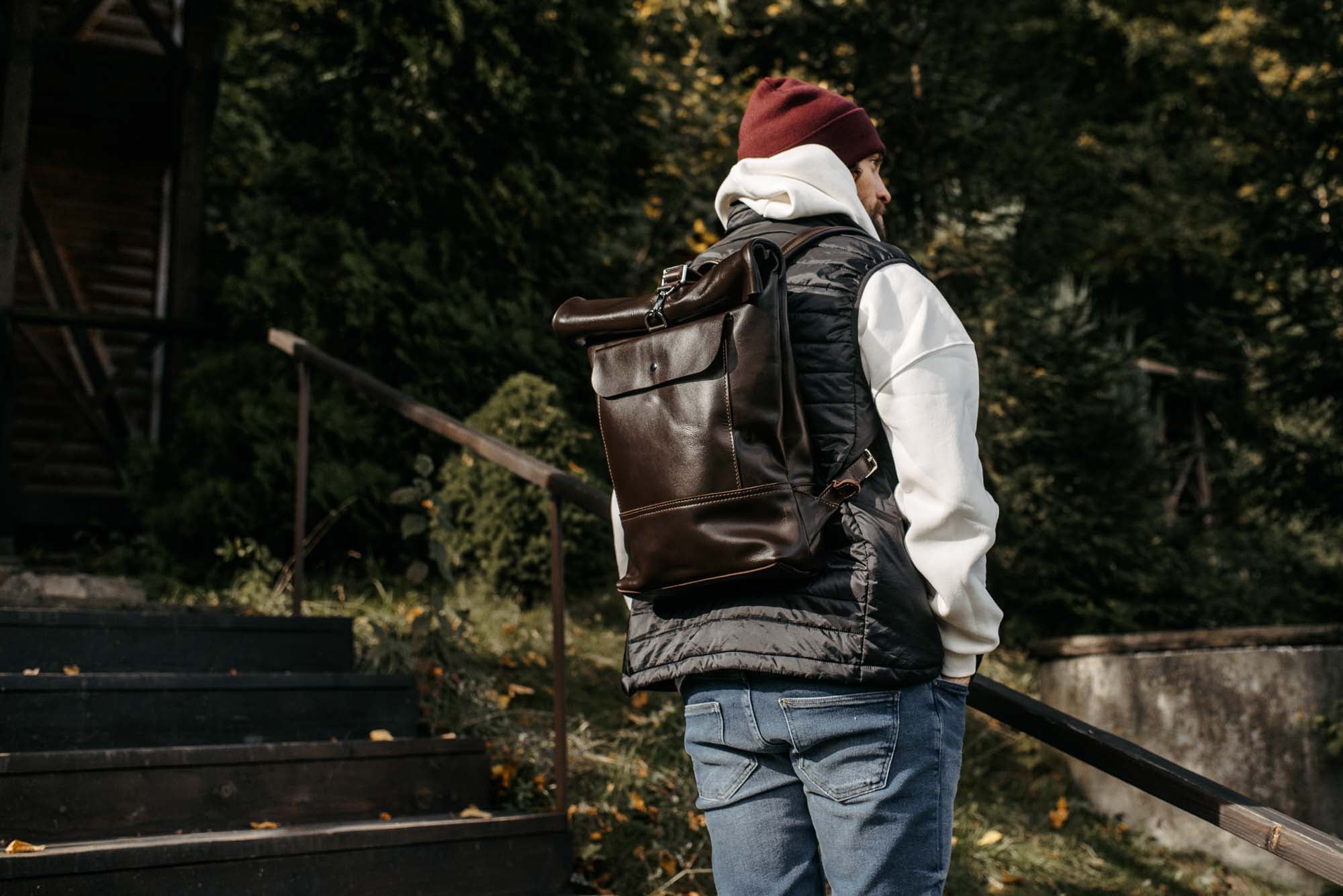 Smooth Leather Backpack with Roll Top – Durable Work & Travel Bag