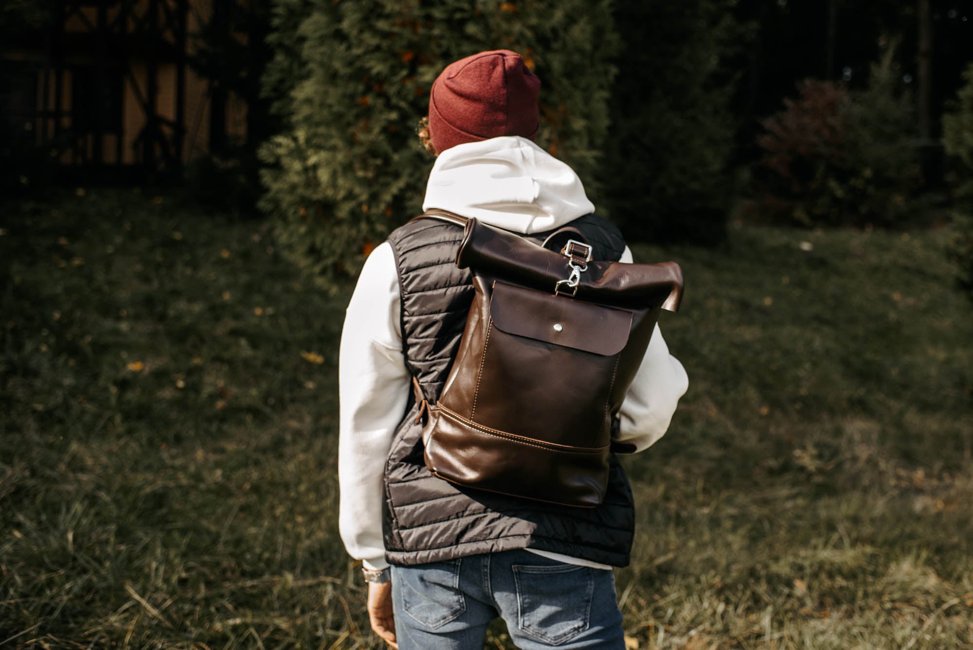 Smooth Leather Backpack with Roll Top – Durable Work & Travel Bag