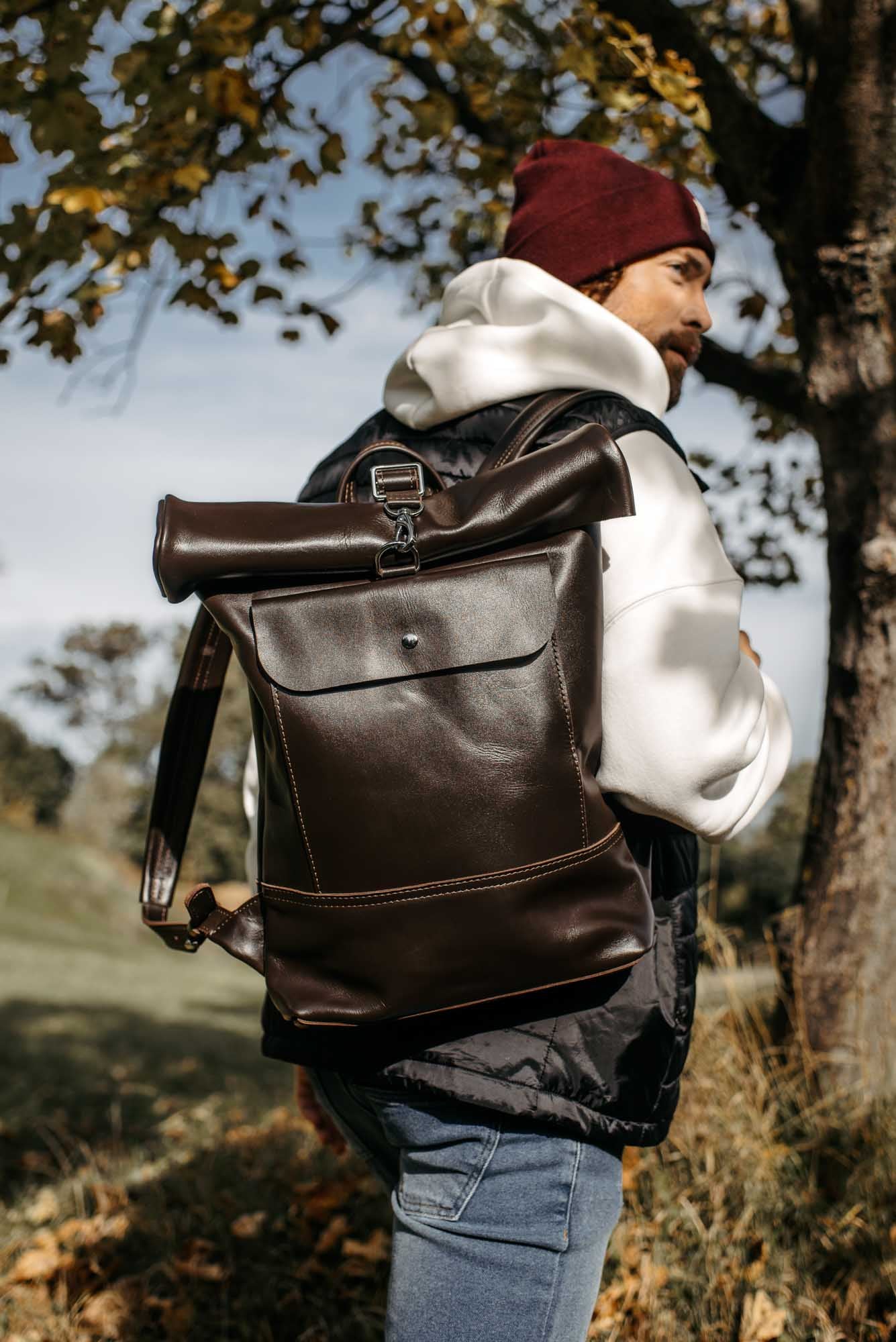 Smooth Leather Backpack with Roll Top – Durable Work & Travel Bag