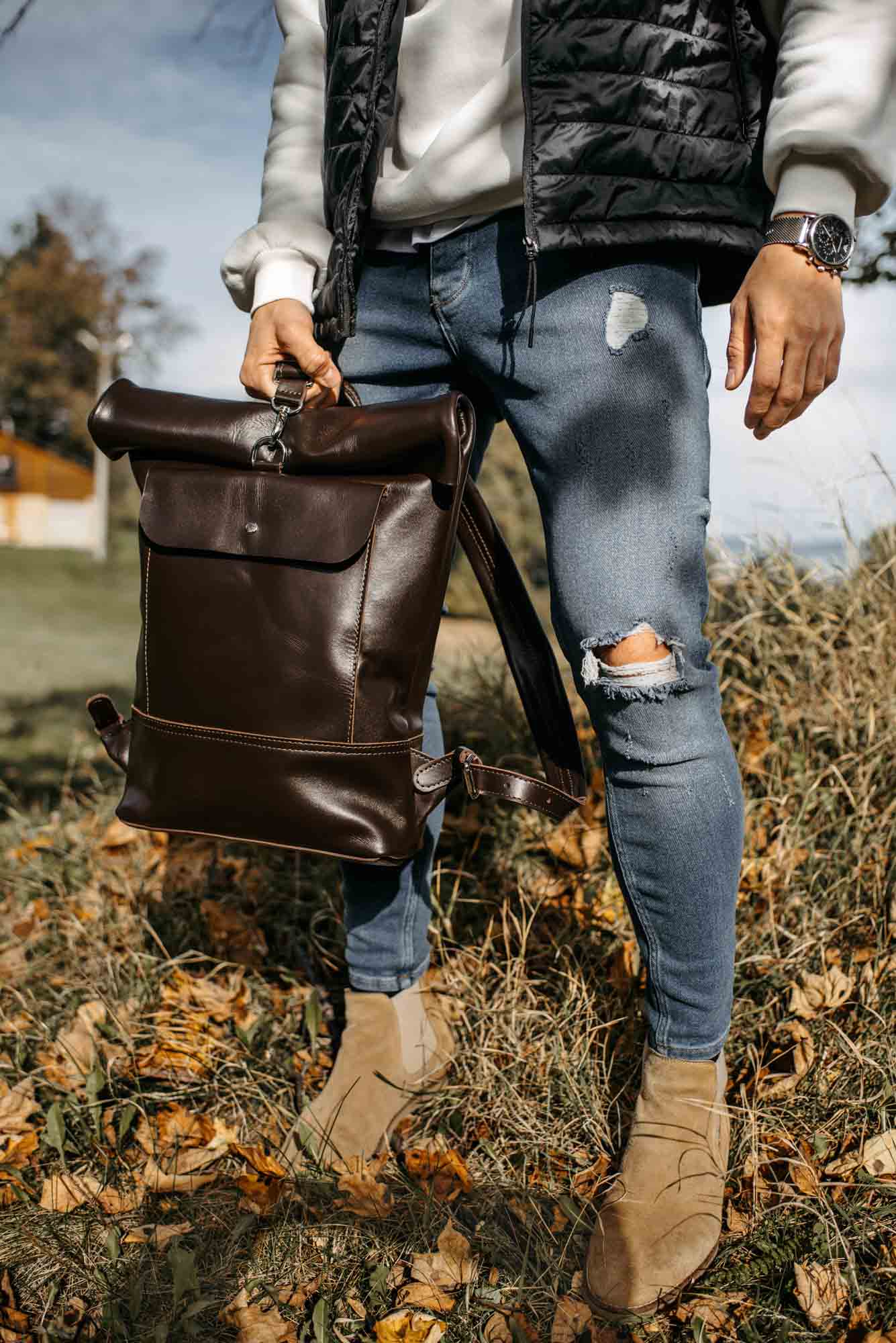 Smooth Leather Backpack with Roll Top – Durable Work & Travel Bag