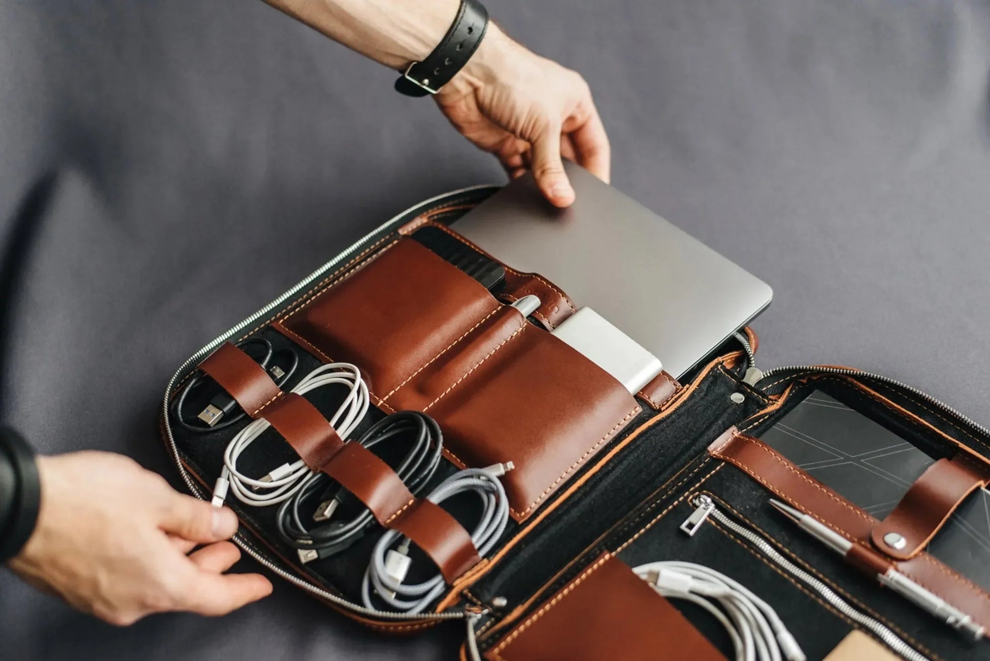 Smooth Leather A4 Folio for Laptop, Cables, Documents