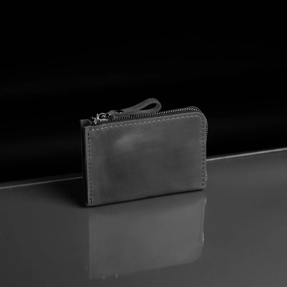 Compact Distressed Leather Wallet with Zipper