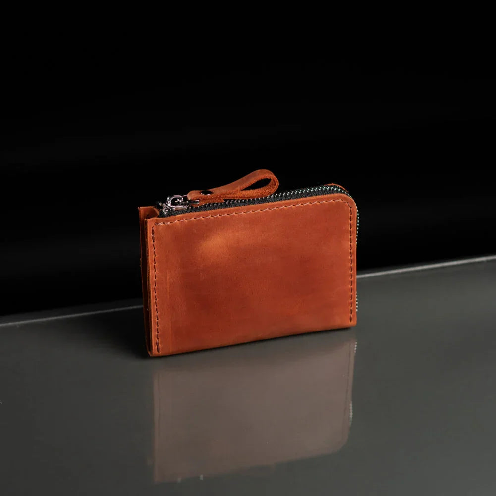 Compact Distressed Leather Wallet with Zipper