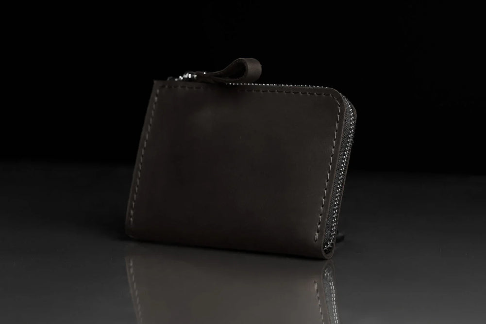 Compact Distressed Leather Wallet with Zipper