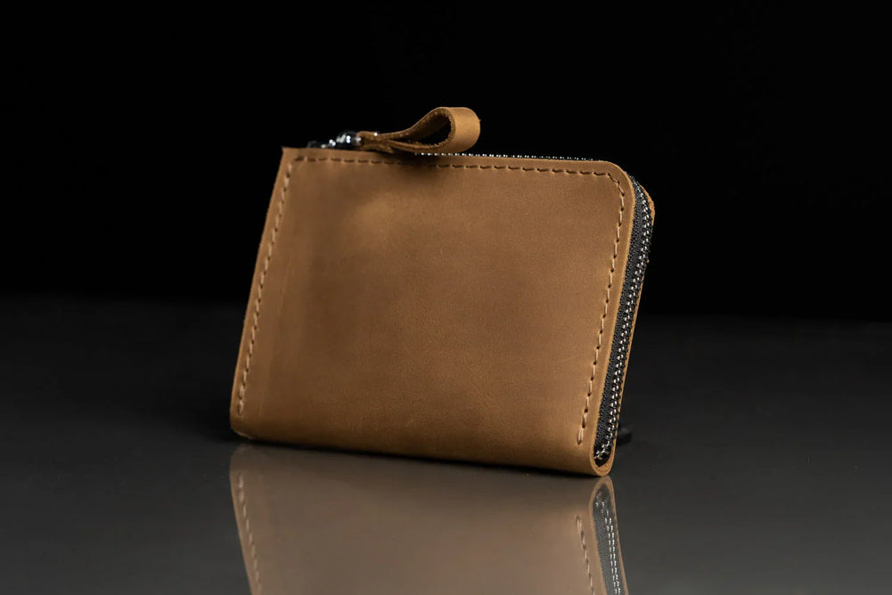Compact Distressed Leather Wallet with Zipper