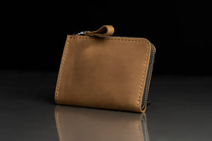 Compact Distressed Leather Wallet with Zipper
