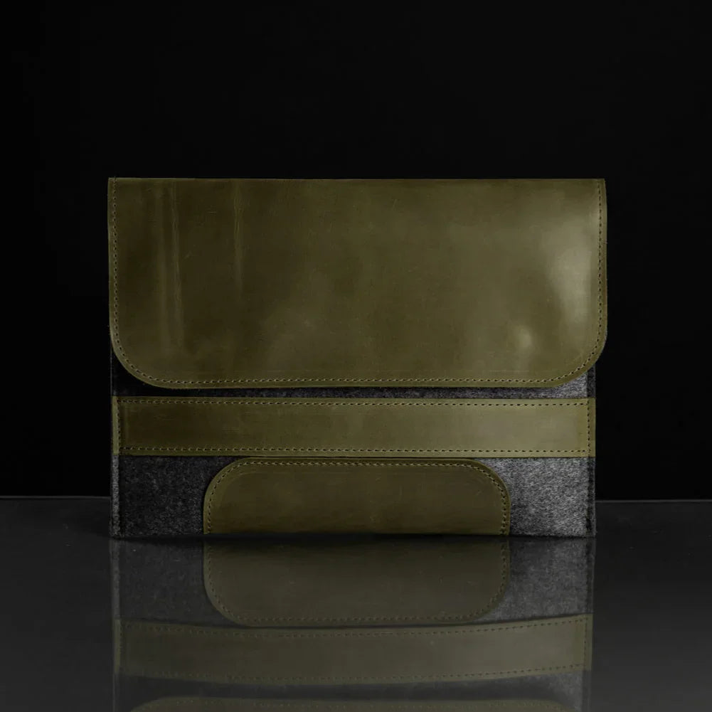 Waxed Matte Leather & Wool Macbook Holder with Magnet Closure