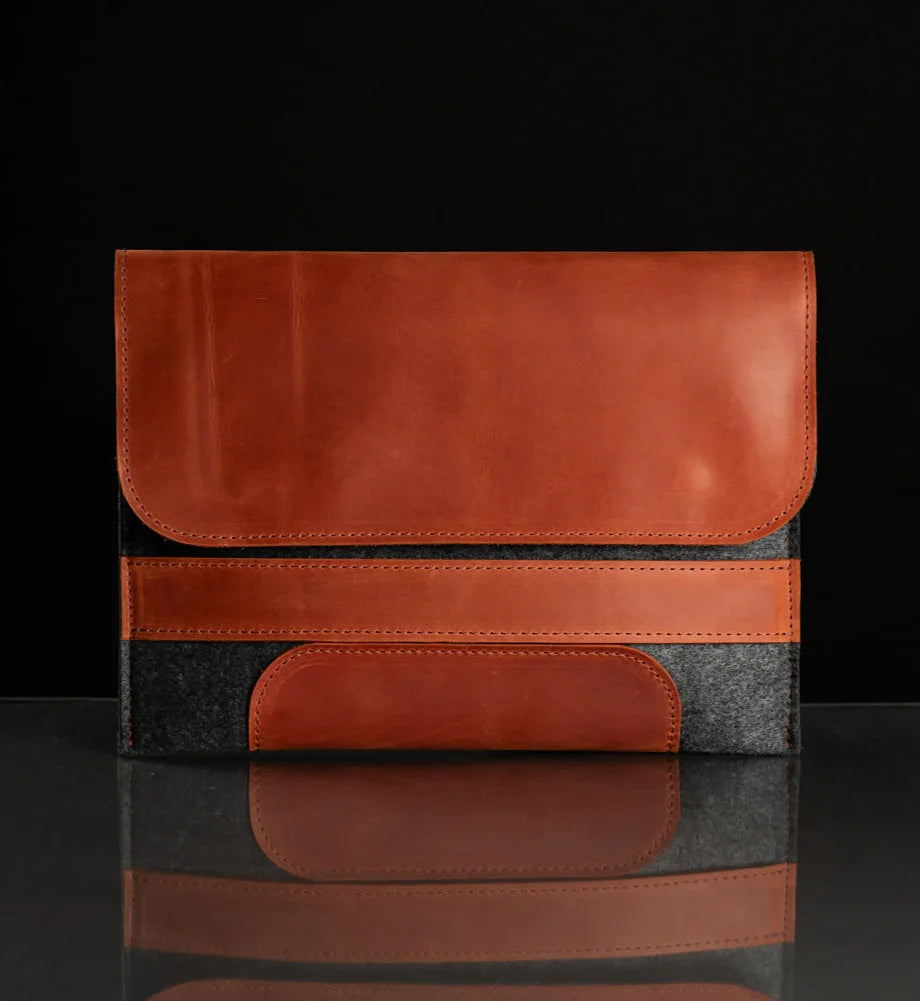 Waxed Matte Leather & Wool Macbook Holder with Magnet Closure