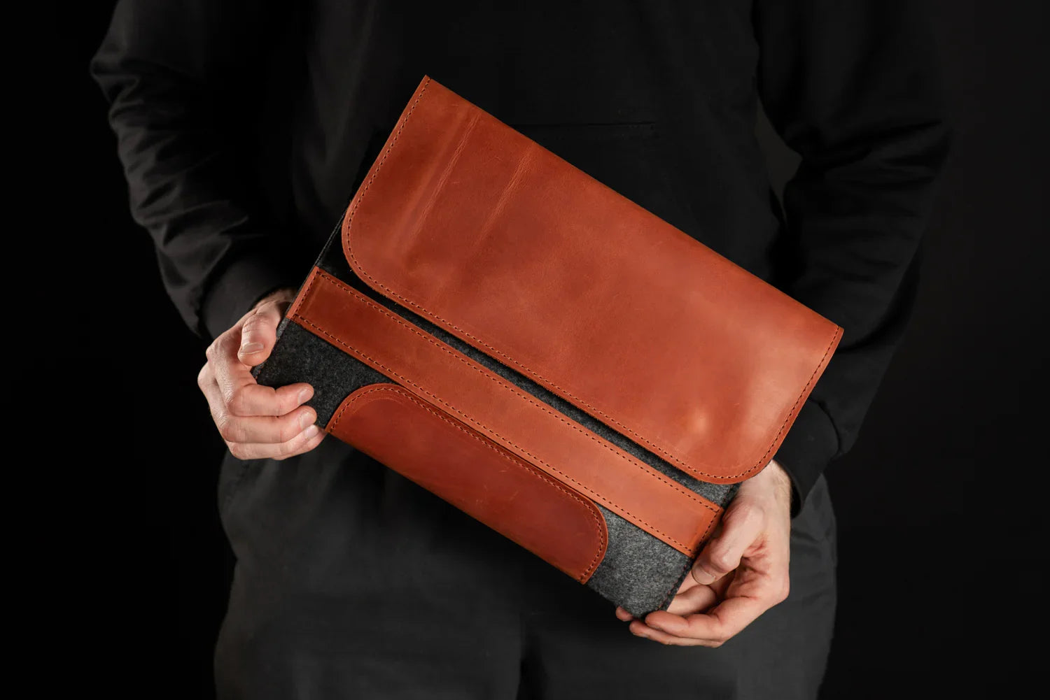Waxed Matte Leather & Wool Macbook Holder with Magnet Closure