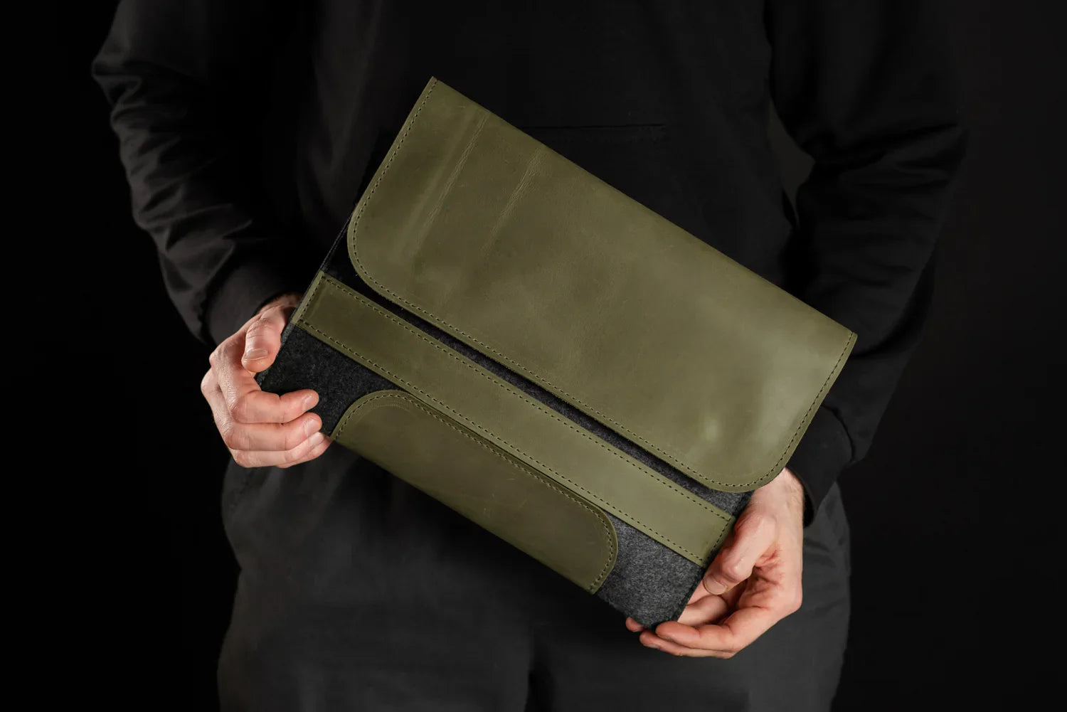 Waxed Matte Leather & Wool Macbook Holder with Magnet Closure