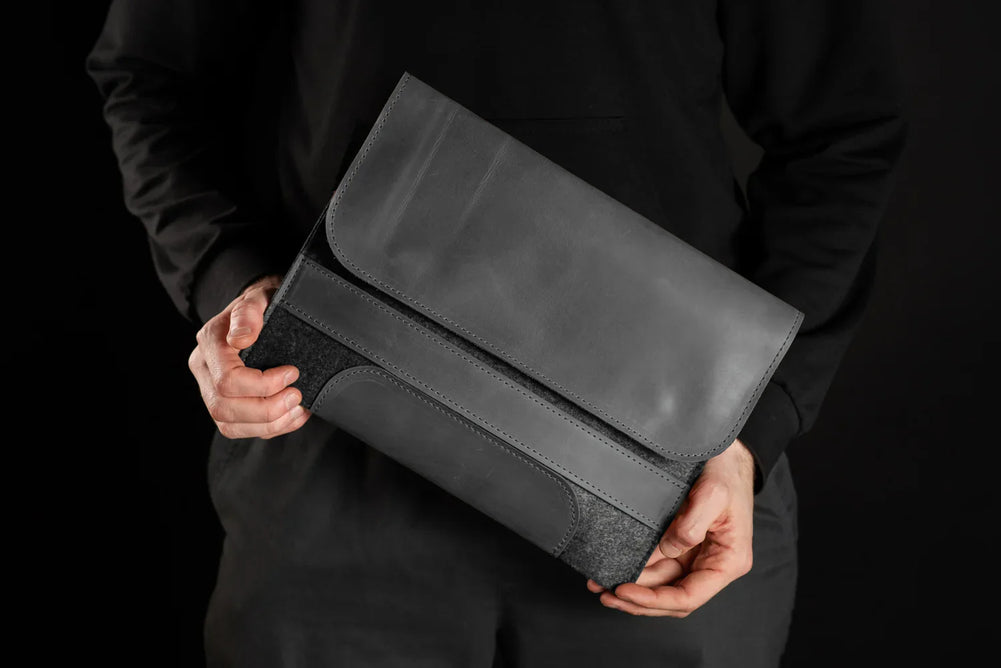 Waxed Matte Leather & Wool Macbook Holder with Magnet Closure